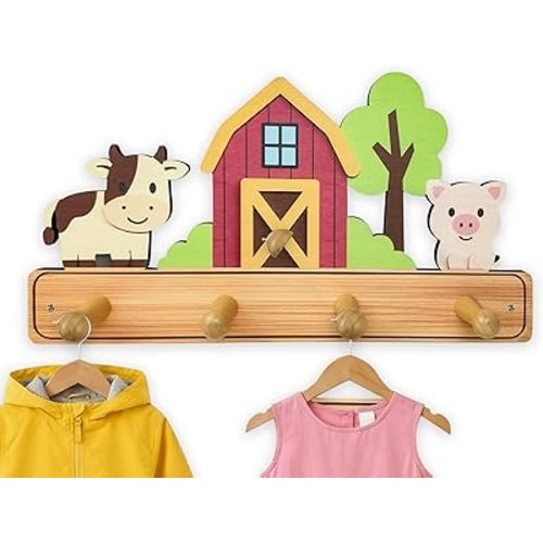 Wood Farm Cow Animal Cute Wall Hooks 13.7 Inches Kids Coat Rack Wall Mount for Entryway Living Room Bedroom Hat Towel Hook Key Hanger