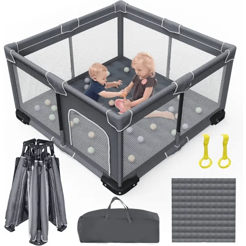 Foldable Baby Playpen with Mat, Foldable Playpen for Babies and Toddlers, Folding Portable Kids Play Pen, Collapsible Play Yard with 2 Handles + Suitable Size Mat(Grey, 50x50 inches)