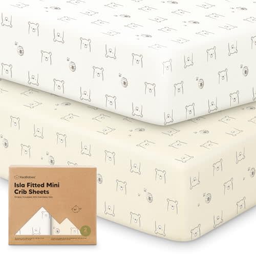 Pack and Play Sheets Fitted - 2-Pack Mini Crib Sheets for Pack N Play Mattress 38x26, Soft & Cozy, Neutral Toddler Playard Bedding, Snug Fitted Mini Baby Crib Mattress Cover Boy, Girl (Bumble Bear)