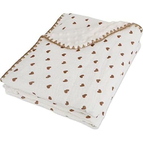 Baby Soft Double Muslin Thick Blanket Dotted Backing Cotton 40X55in Minky Blanket for Crib, Stroller, Travel, Decorative Shower Gifts Baby Essentials Girl&Boy (Heart)
