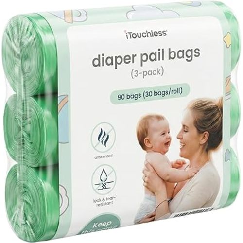 iTouchless Universal Diaper Pail & Trash Can Refill Bags (90 Count) - Heavy Duty & Tear-Resistant Nursery Liners - Fits Most Systems & Small Bins - 3 Pack - Stop Expensive Refills - Odor-Lock Strength