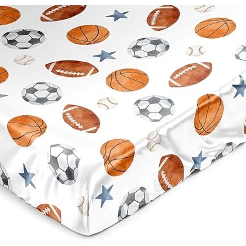 Sweet Jojo Designs Sports Theme Boy Baby Satin Fitted Crib Sheet Infant Newborn Nursery Toddler Bed Room Standard Mattress Watercolor Vintage Sport Soccer Balls Football Baseball Basketball Blue Stars