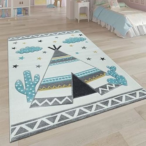 Kid's Rug for Children's Room with Indian Tent in Pastel Colors, Size: 6'7" x 9'6"