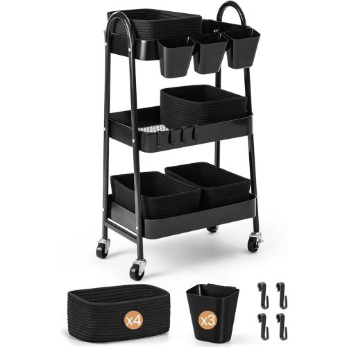 3-Tier Rolling Utility Cart with 4 Woven Baskets, Diaper Book Snack Cart, Storage Organizer for Nursery, Kitchen, Craft Room, Home SPA, Living Room, Metal Frame Trolley on Lockable Wheels, Black