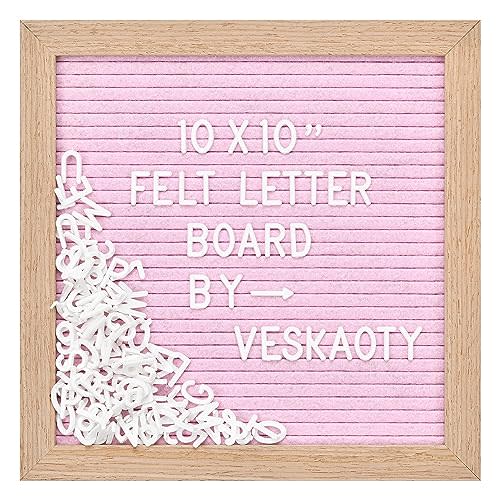 Veskaoty Felt Letter Board with 294 Letters, 10 x 10 Inch, Pink & Wood | Changeable Message Board, Wooden Frame, Wall Mount, Numbers, Symbols, Classroom Decor, Office Supplies, Custom Sign