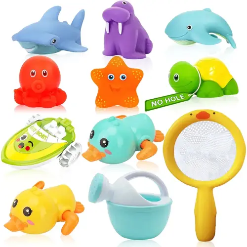 No Hole Bath Toys for Babies 6-12+ Months, Wind-up Swimming Ducks & Boat Bath Toys for Kids Ages 1-3, Baby Pool Toys Fishing Net Water Toys Watering Can, Toddler Bath Toy for 1+ Year Old Boy Girl