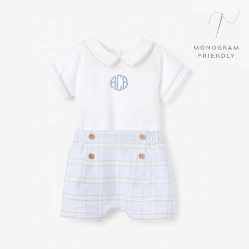 Blue Gray Plaid Trimmed Collar Bodysuit & Short Set BLUE / 6-9M