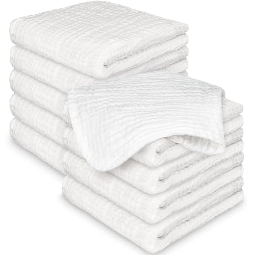 10pk Muslin Baby Washcloths for Newborn, 12x12 Soft Absorbent (Soft White) | Organic Cotton Muslin Wash Cloths for Babies Girl, Boy, Infant, Toddlers, Kids Face Towel,Bath Essentials,Baby Burp Rags