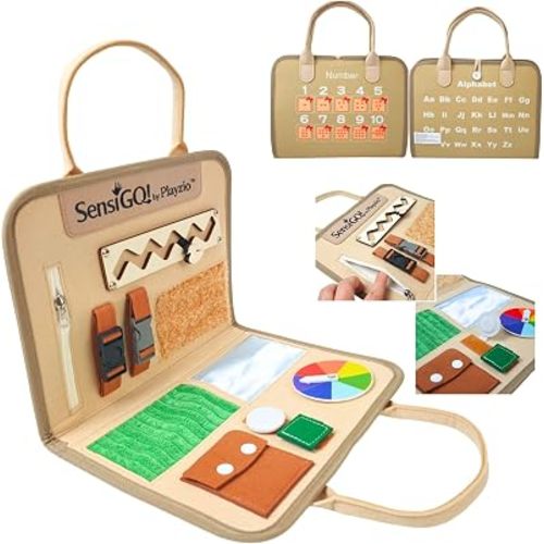 SensiGO — Premium Felt Busy Board for Toddlers | Aesthetic Earth-Toned 3-in-1 Sensory Toy | Montessori Foldable Travel Activity Board with Unique Wooden Duck Maze, Alphabet & Numbers
