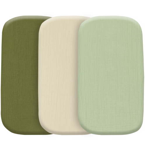 Baby Muslin Bassinet Sheet Set for Boy and Girl, 3 Pack Organic Cotton Universal Fitted Bedding Cover for Oval, Hourglass & Rectangle Bassinet Mattress, Fitted Sheets Size 32 x 16 x 4 Inches - Olive