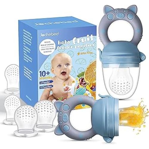 Baby Fruit Food Feeder Pacifier - Fresh Teething Pacifiers, Infant Fruit Teething Teether Toy for 3-24 Months, 6 Pcs Silicone Pouches for Toddlers & Kids & Babies, Piggy Handle 2-Pack (Blue & Gray)