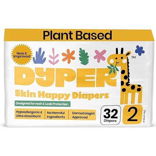 DYPER - Baby Diapers Size 2 (32 Count) - Plant Based Disposable Diapers for Day and Overnight Premium Leak Protection, Skin-Friendly Comfort with Soft Size 2 Diapers (12-18 lbs)