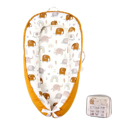Fasando Baby Lounger, 100% Cotton 0-24 Months Breathable Soft Baby Nest Co Sleeper, Reversible Adjustable Portable Baby Lounger Nest for Newborn, Infant Lounger for Home & Travel (Gold Elephant)