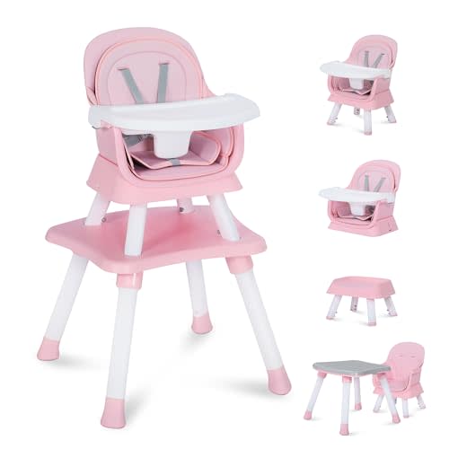 8 in 1 Baby High Chair, Convertible Feeding Chair, Pink | Booster Seat, Building Block/Activity Desk Table Set, Stool, Dishwasher-Safe Tray, Safety Harness, High Chairs for Toddlers