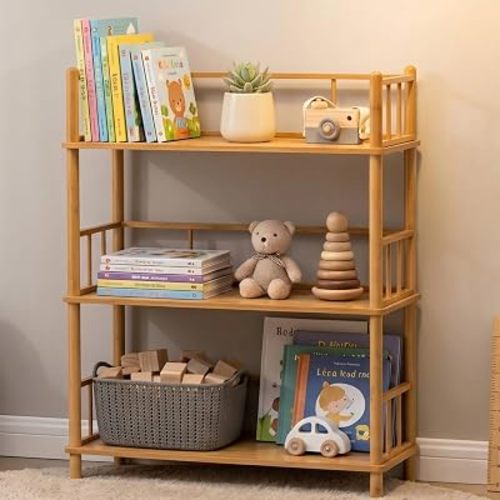 GOGOGO 3-Tier Expandable Bamboo Open Bookcase - No-Tools Assembly & Modular,Modern Display Bookshelf with Top Edge and Solid Wood Frame for Home and Office, Storage Cabinet