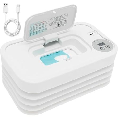 Foldable Baby Wipe Warmer, Portable Wipe Heater & Wet Wipes Dispenser with Soft Night Light, 3-Level Temperature Control, Space-Saving Retractable Design for Nursery, Car & Travel Use