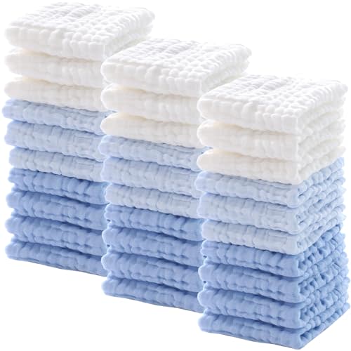 Chumia 30 Pcs Baby Muslin Washcloths Muslin Burp Cloths Baby Towel Natural Cotton Burp Cloths Wipes Soft Newborn Face Towel Absorbent for Face Bath Shower, 12 x 12'' (Light Blue, White, Blue)