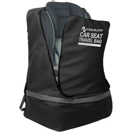 Black Car Seat Travel Bag with Zipper for Airplane – Secure, Water-Resistant 900D Bag with Padded Shoulder Straps, Luggage Tag, and Non-Slip Base