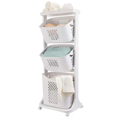 3 Tiers Hamper with Wheels, Rolling Cart Rolling Laundry Clothing Organization Bathroom Storage Shelves, 17"13"43"