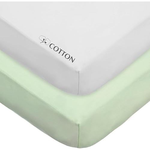 American Baby Company 2 Pack 100% Natural Cotton Fitted Crib Sheets 52" x 28" - Soft, Breathable, Hypoallergenic & Gentle Toddler Bed Sheets, Celery and White, Neutral for Boys & Girls