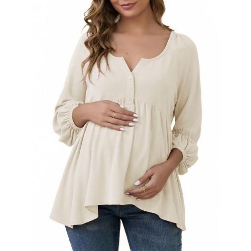 INSPIRE CHIC Womens Maternity High Low Tops Lantern Sleeve Boho Babydoll Ruffled Flowy Long Sleeve Pregnancy Blouse Large Beige