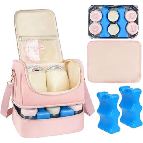 Jaffzora Wearable Breast Pump Bag with Cooler Compartment Fits for Willow/Elvie/Momcozy M5/S12 Pro/Medela, Breast Milk Travel Tote Bag with Ice Pack & Waterproof Mat,Pink