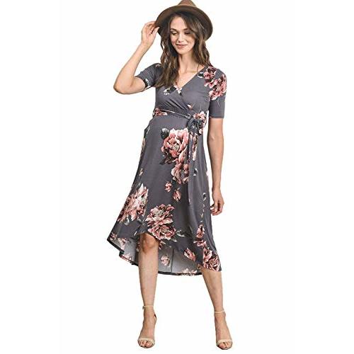 Women's Maternity Wrap Dress Midi Length with Waist Belt