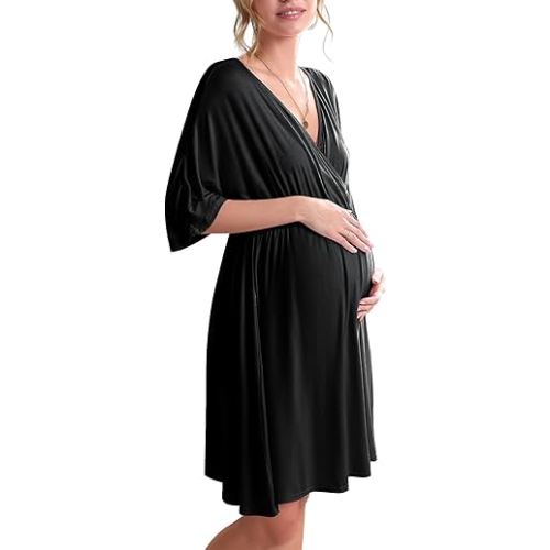 Ekouaer 3 in 1 Labor/Delivery/Hospital Gown Maternity Dress Nursing Nightgown Sleepwear for Breastfeeding, Black, Medium