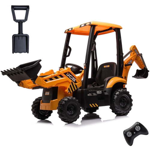JCB Excavator Ride on & Bulldozer, 12V Battery Powered Construction Vehicles for Kids with Remote Control and Front Loader, Music Player, Backhoe Loader Ride-On Large Digger Yellow