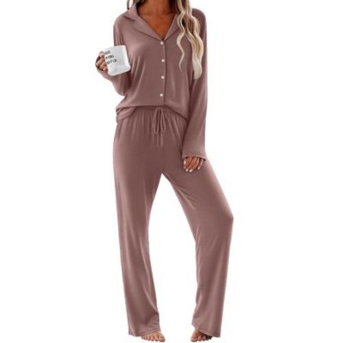 Ekouaer Women Pajamas Set Long Sleeve Sleepwear Button Down Pjs Soft 2 Piece Loungewear with Long Pants Brown L