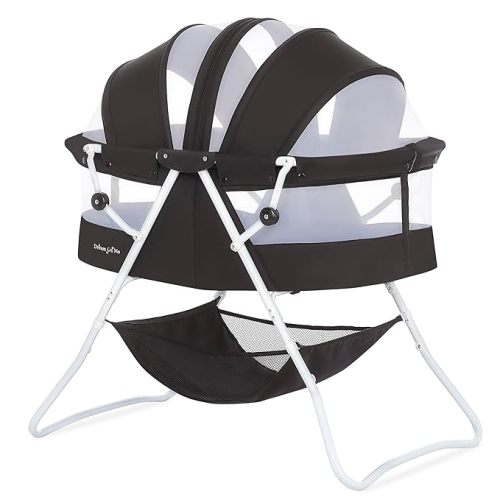 Dream On Me Karley Bassinet in Black, Lightweight Portable Baby Bassinet, Quick Fold and Easy to Carry, Adjustable Double Canopy, Indoor and Outdoor Bassinet with Large Storage Basket.
