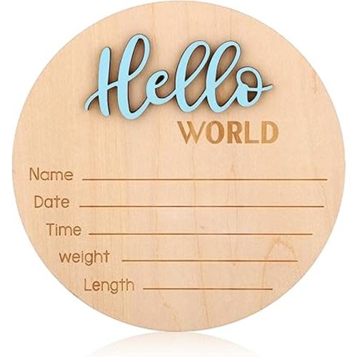 Newborn Announcement Sign, 15cm/5.9in Wooden Hello World Newborn Sign Birth Baby Name Plaques for Boys and Girls Baby Shower Photo Props or Hospital Nursery Decor (Blue)