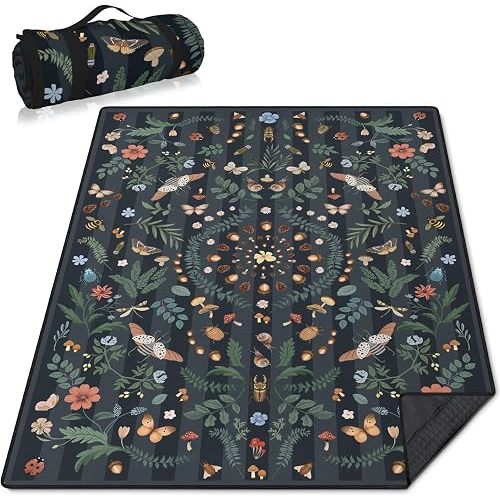 Mushroom Picnic Blankets Waterproof Foldable, 60″X80″ Packable Picnic Mat Insect Outdoor Blanket for Grass, Boho Large Beach Blanket Sandproof Picnic Accessories for Camping Music Festival Park Lawn
