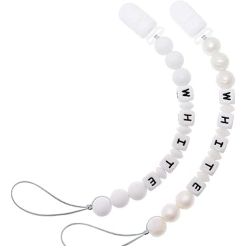Personalized Pacifier Clip with Name, Customizable Pacifier Clip (2 Pack) (White+Pearl)