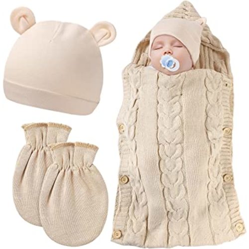 Zhanmai Newborn Baby Wrap Swaddle Blanket Knit Sleeping Bag Receiving Blankets Stroller Wrap Hat Mitten for Baby 9-12 Months