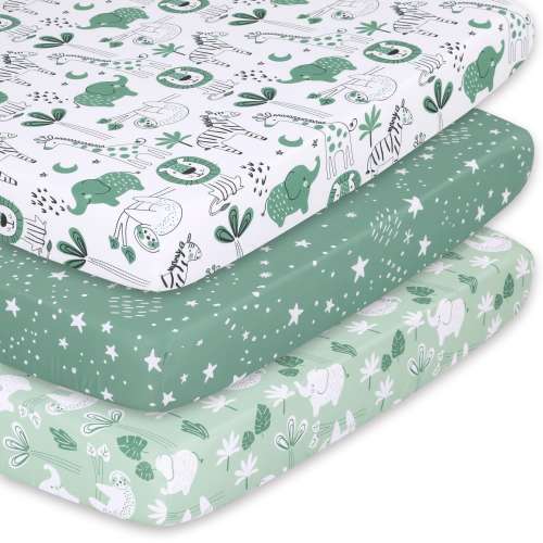 The Peanutshell Mini Crib Sheets (3 Pack) - Green Safari