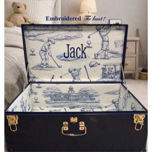 Custom golf boy embroidered Keepsake Trunk, Custom Name Memory Box, Child Storage Chest, Nursery Heirloom Baby Shower gift, toy box