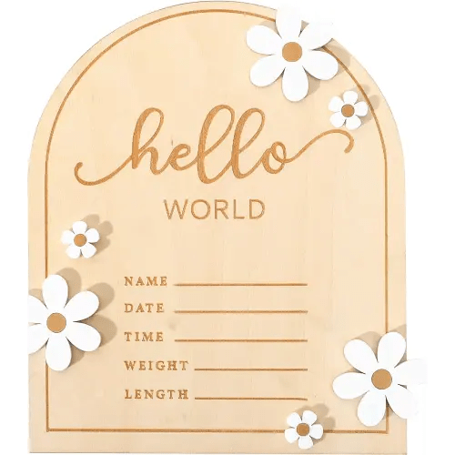 Wooden Hello World for Baby Showers - Newborn Birth Announcement Board,Daisy Wooden Baby Milestone Card,Welcome Baby Shower Gifts,Hello World Hospital Nursery Information Record Board (Hello World)