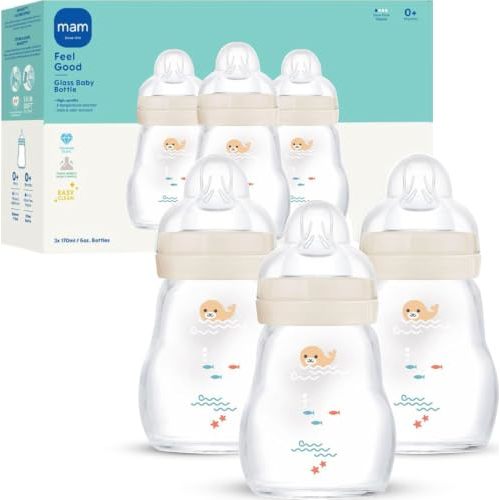 MAM 6oz Pure Glass Feel Good Anti-Colic 0+ Months Baby Bottle, 3 Pk, Unisex | Slow Flow Skin Soft Silicone Nipple, Easy to Clean, BPA Free, Easy Switch Between Breast & Bottle, Made In Europe