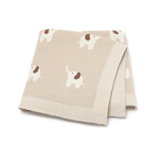 Hadetoto 100% Cotton Baby Blanket Knit Soft Cozy Swaddle Receiving Blankets Toddler Infant Blanket with Lovely Elephant for Newborn Boy Girls - Camel, 90 x 70cm