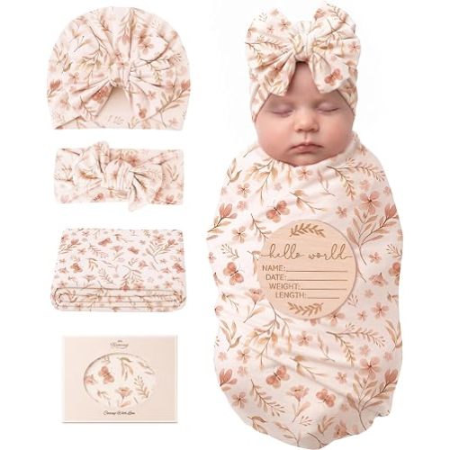 Konssy Baby Swaddle Blanket Set for Girl, 4-Piece Newborn Receiving Blanket