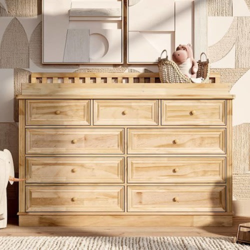 Light Pine 100% Solid Wood Changing Table Dresser with Removable Changing Tray, Anti-Tip Kit, 9-Drawer, Nursery Storage