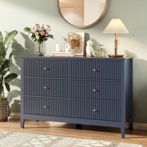 47" Wood Dresser for Bedroom, 6 Drawers Mondern Fluted Chest of Drawers with Storage, Blue