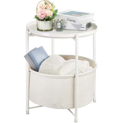 Round End Side Table, Sofa Side Snack Table with Fabric Storage Basket, Small bed Nightstand for Living Room Bedroom,White