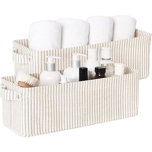 StorageWorks Narrow Storage Bins, Small Basket for Closet and Shelves, Fabric Organizer with Handles, Toilet Paper Storage, Khaki and Beige Stripes, 2-Pack