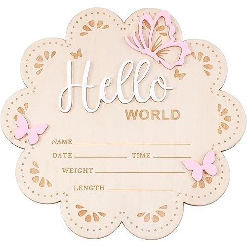 Nogeqi Hello World Newborn Sign, 6 Inch Pink Butterfly Baby Name Announcement Sign, Birth Announcement Signs, Wooden Baby Welcome Signs for Newborn Photo Props Babies Shower Hospital Nursery