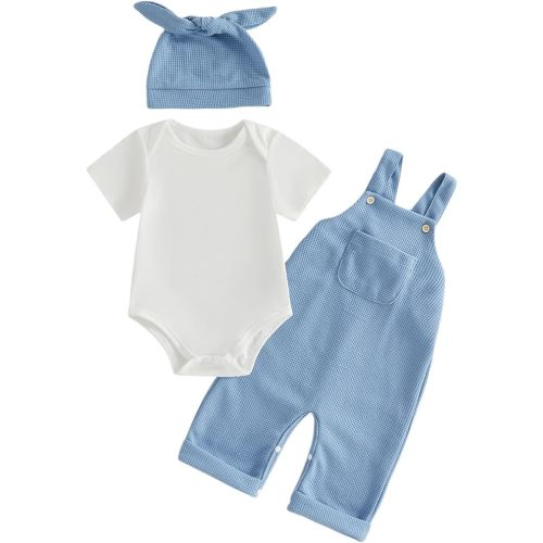 Newborn Baby Boy Clothes Summer Outfit Solid Color Short Sleeve Romper Waffle Suspender Shorts Overall Set 3Pcs