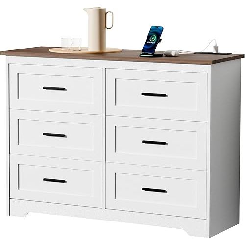 Cómoda de granja para dormitorio con 6 cajones, con tomas de corriente. Cómoda rústica con textura natural, blanca, organizadora para sala de estar, pasillo