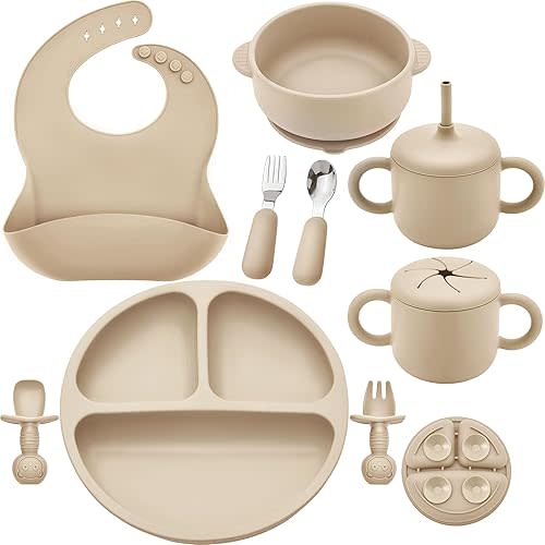 Silicone Baby Feeding Set, Baby Led Weaning Supplies, Eating Essentials Utensils with Suction Plate and Bowl, Pocket Bib, Sippy Cup with Lid, Forks Spoons Snack Container, for 6+ Months, Beige