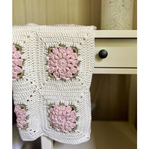 Hand Crocheted Cotton Rose Granny Square Newborn/Stroller Blanket
